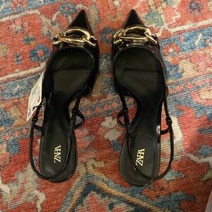 Zara black kitten heel with gold detail